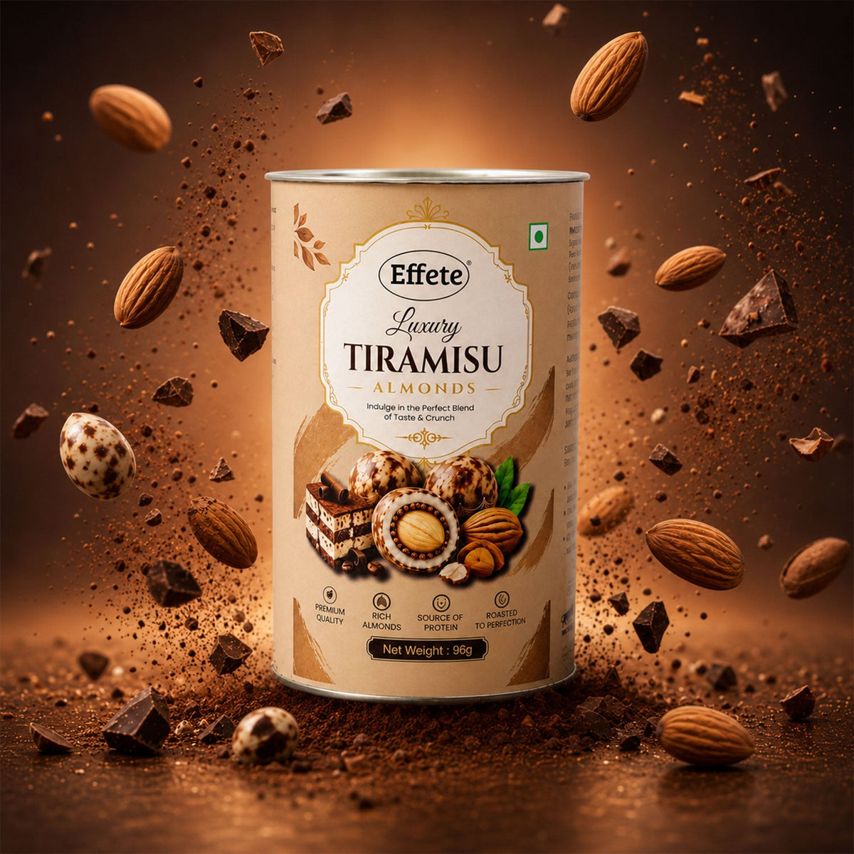 A brown canister of Effete Luxury Tiramisu Almonds with almonds, chocolate pieces, and cocoa powder floating around it.