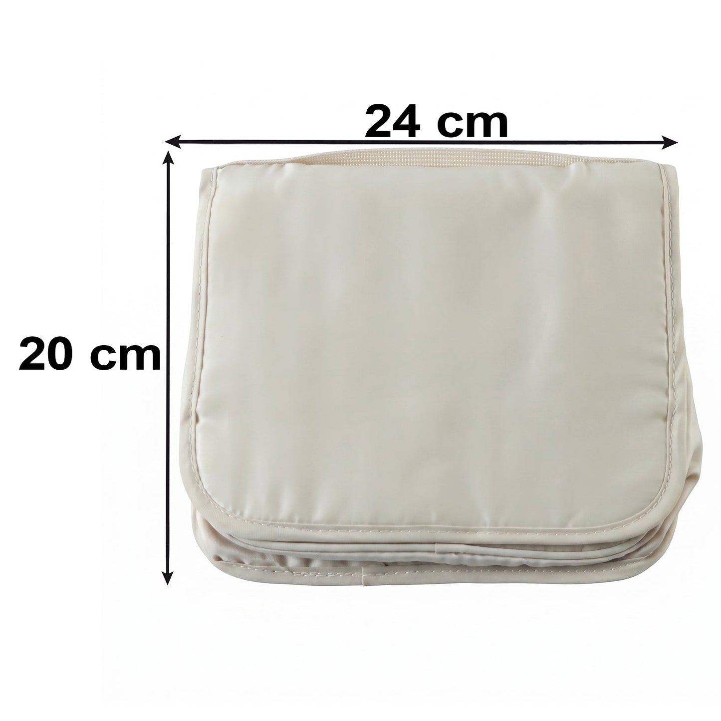 A folded beige toiletry bag with dimensions shown: 24 cm width and 20 cm height.