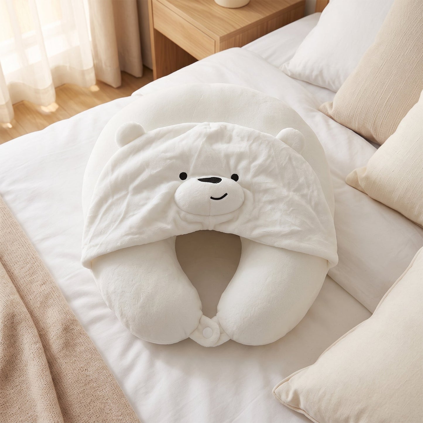 U Shaped Hooded Neck Pillow White Bear Travel Pillow with Hood Cap (1 Pc)