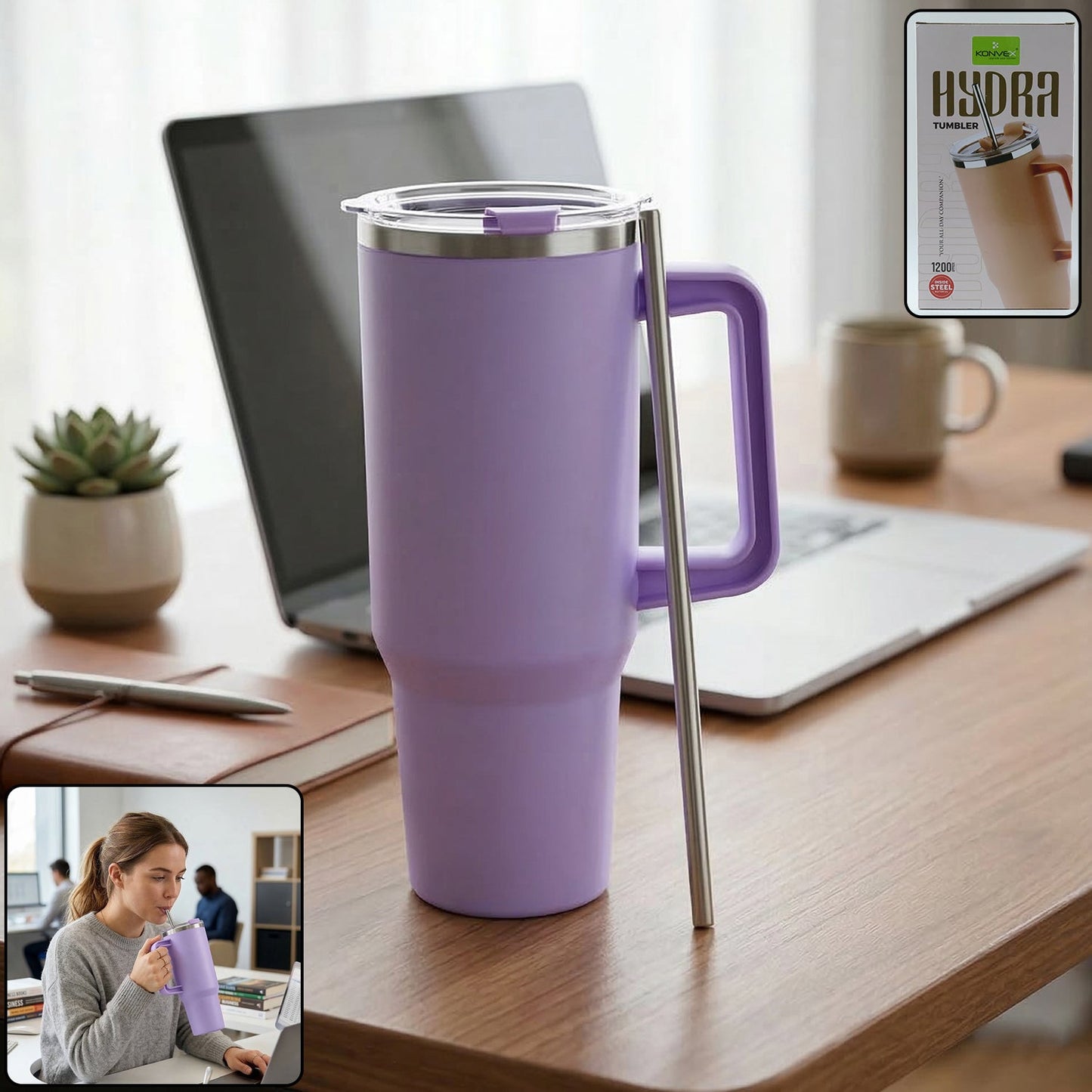 Konvex Large Capacity Insulated Tumbler Mug with Handle and Straw 1200 ML Approx