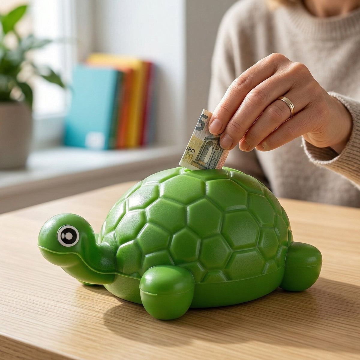 A person's hand inserts a 5 Euro note into the slot of a green plastic turtle money bank on a wooden table.