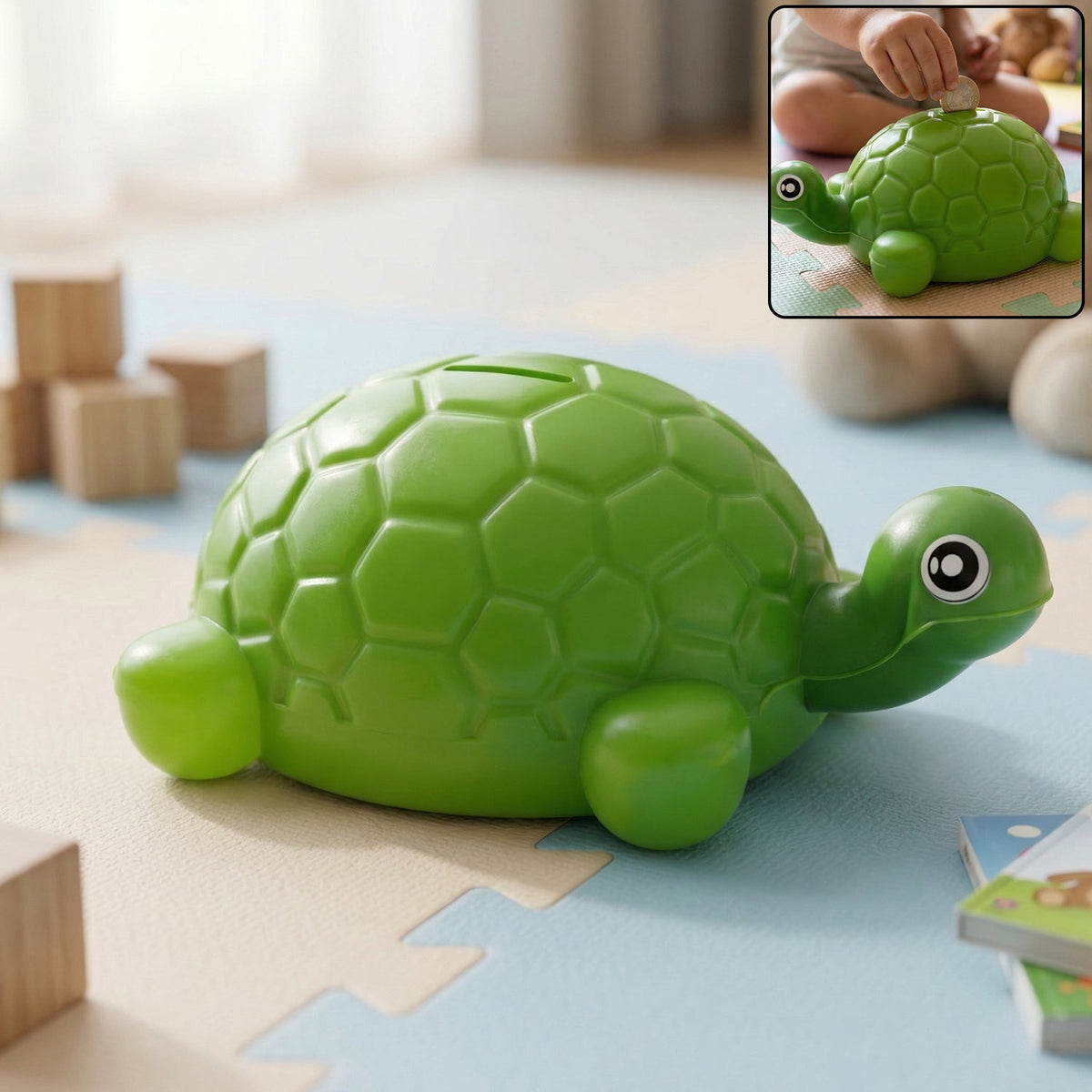 A green plastic turtle money bank sits on a colorful playmat, with a small inset showing a child putting a coin in it.