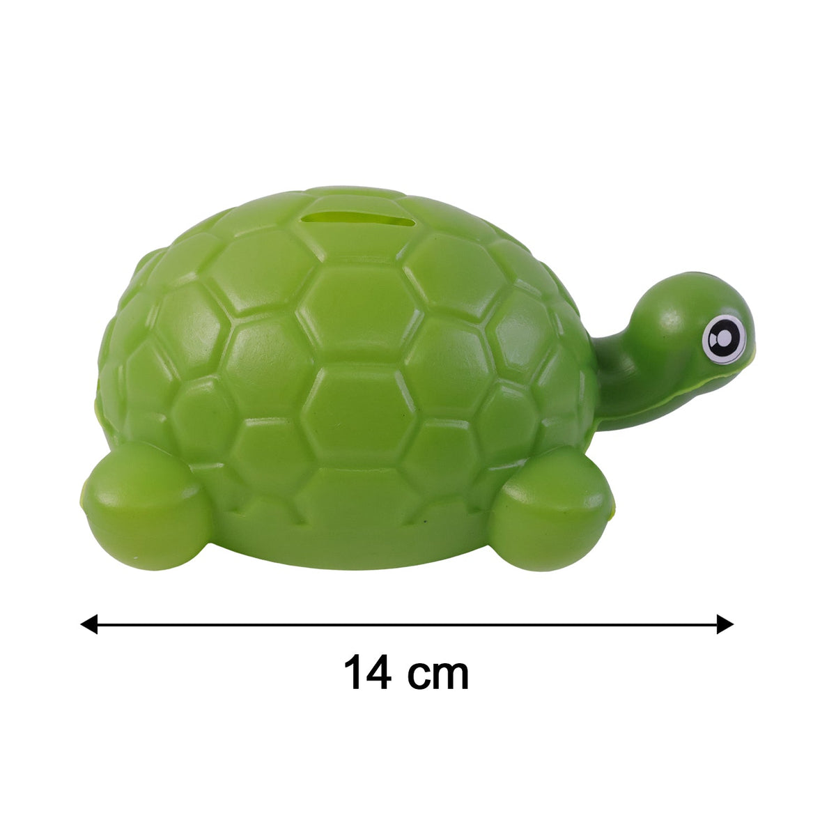 A green plastic turtle money bank isolated on white, with a black arrow indicating its 14 cm length.