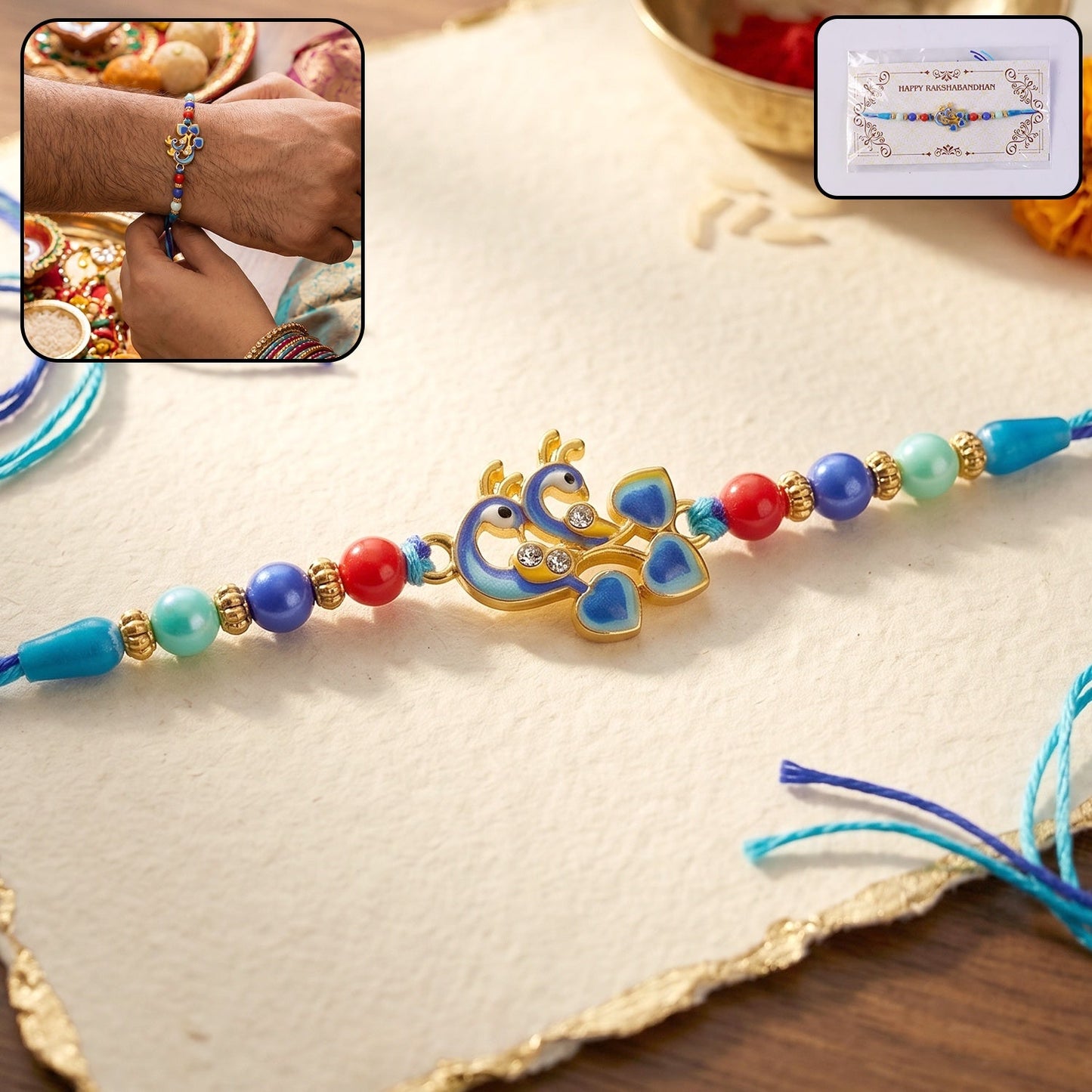 Twin Peacock Golden Enamel Designer Rakhi with soft thread and festive beads
