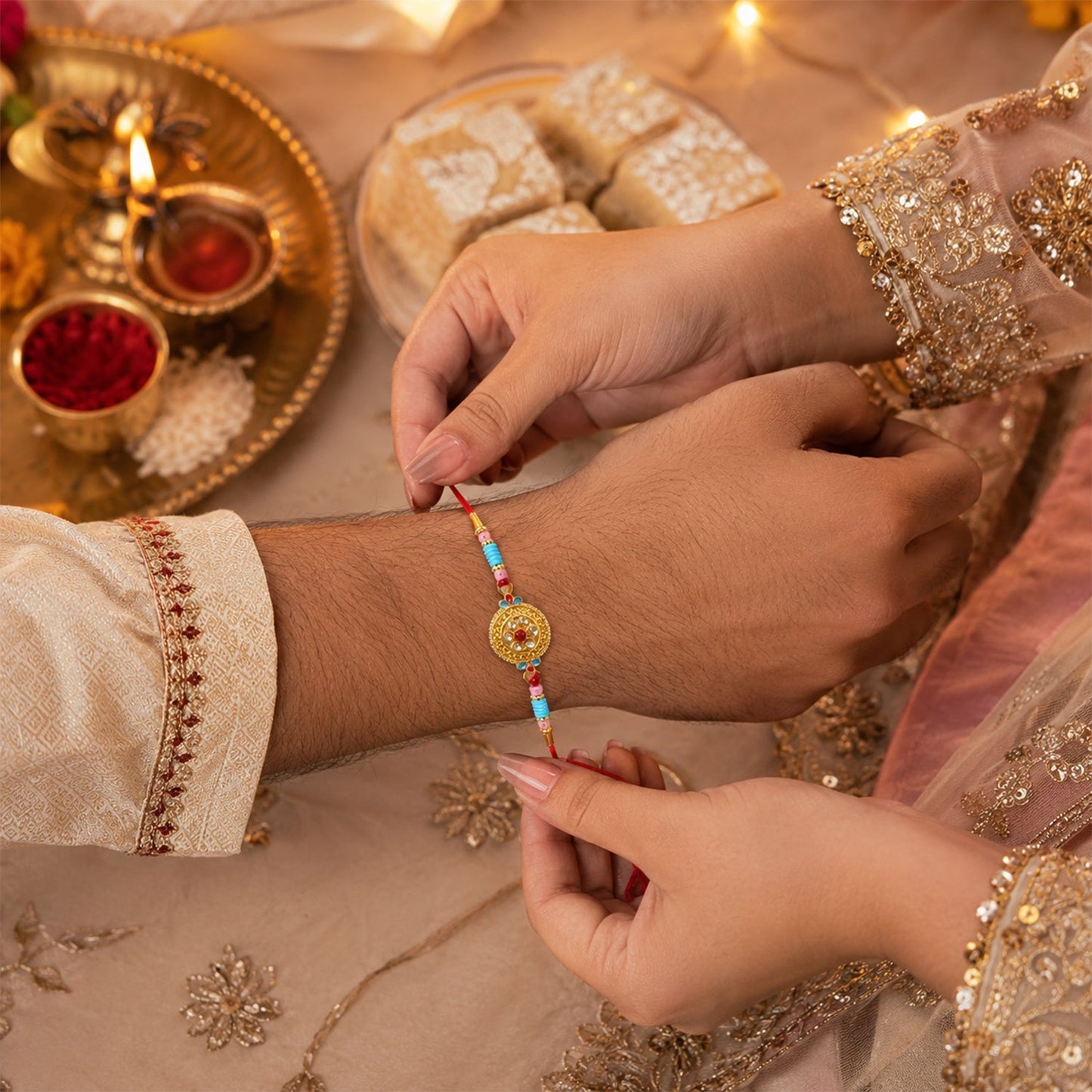 Close-up of diamond centerpiece on traditional Rakhi
