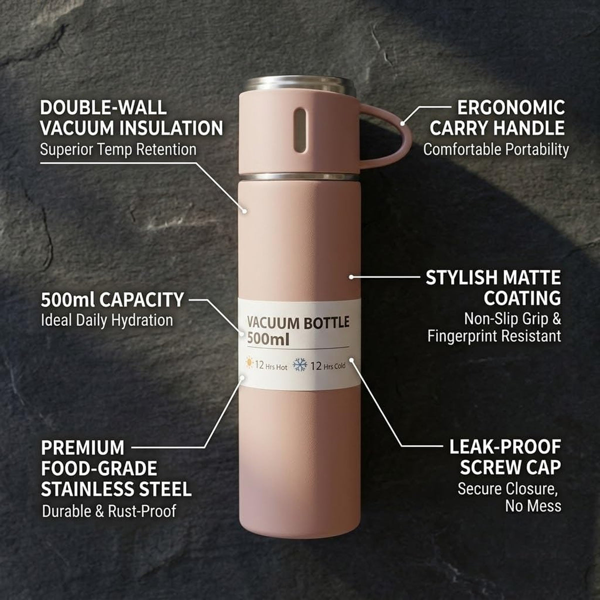Stainless Steel Vacuum Flask Set with 3 Steel Cups Combo for Coffee Hot Drink and Cold Water Flask Ideal Gifting Travel Friendly Latest Flask Bottle. (500ml)