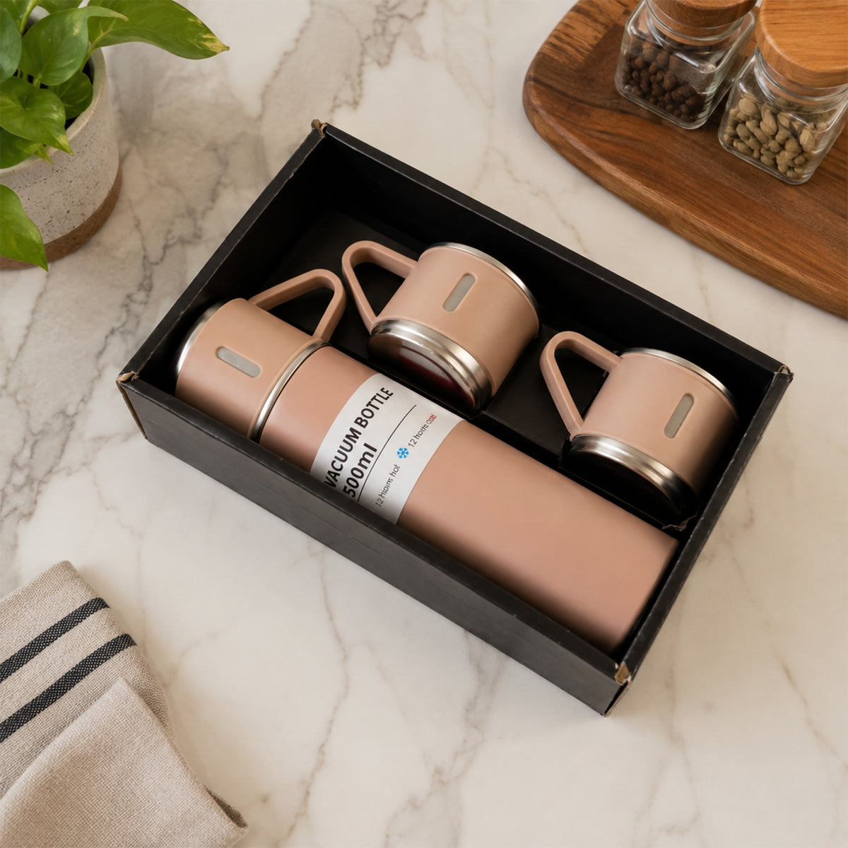Stainless Steel Vacuum Flask Set with 3 Steel Cups Combo for Coffee Hot Drink and Cold Water Flask Ideal Gifting Travel Friendly Latest Flask Bottle. (500ml)