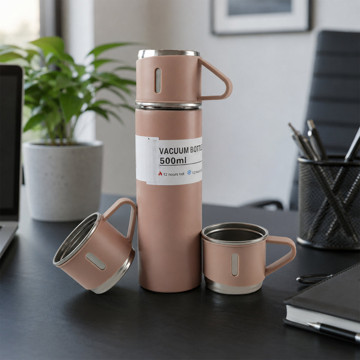 Stainless Steel Vacuum Flask Set with 3 Steel Cups Combo for Coffee Hot Drink and Cold Water Flask Ideal Gifting Travel Friendly Latest Flask Bottle. (500ml)