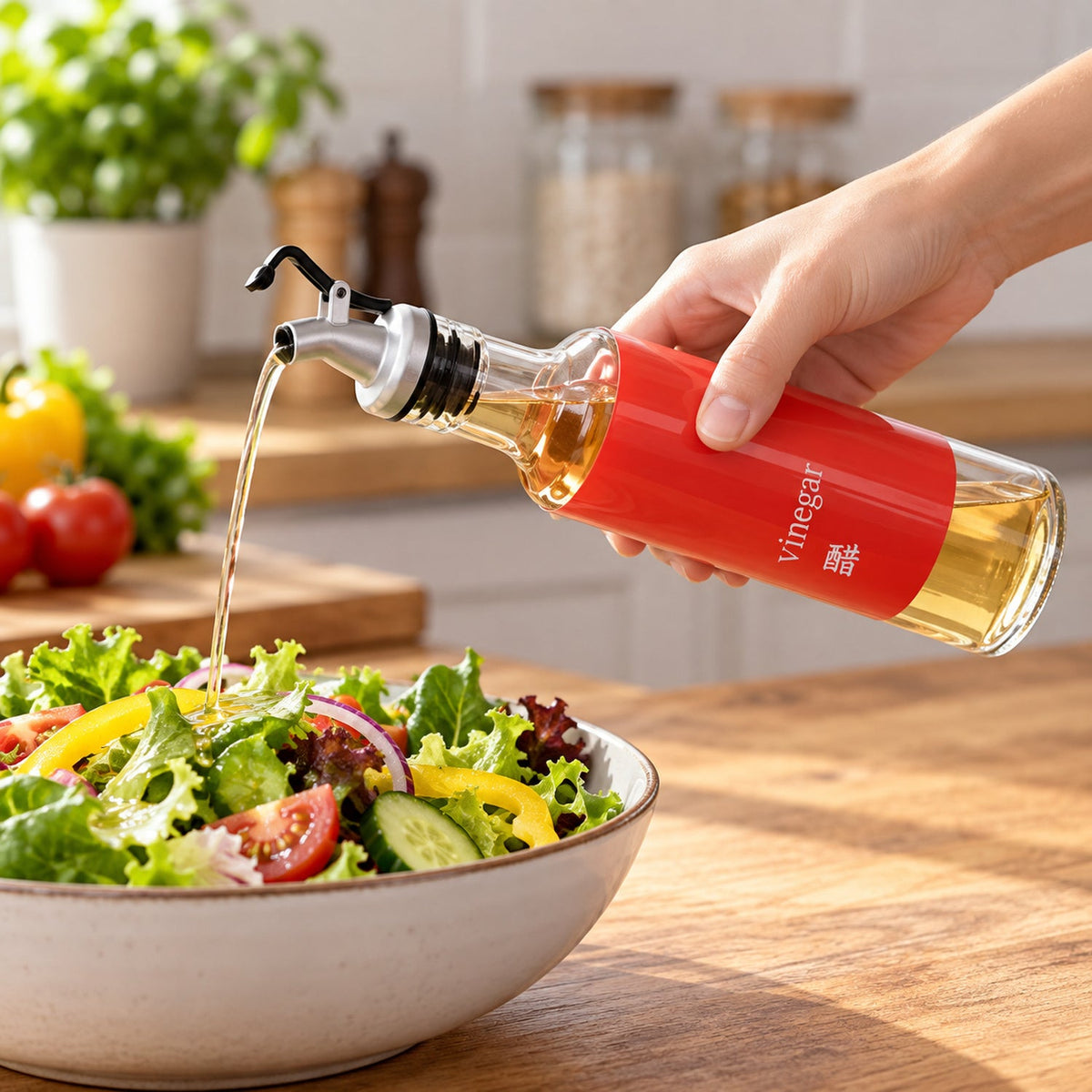 A hand pours golden vinegar from a red-sleeved glass bottle onto a fresh green salad in a white bowl.