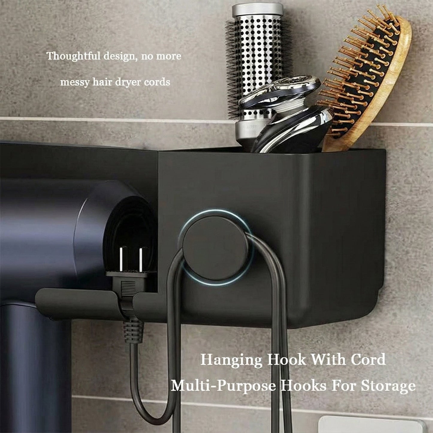 Wall Mounted Hair Dryer Holder with Multipurpose Organizer Shelf and Hook