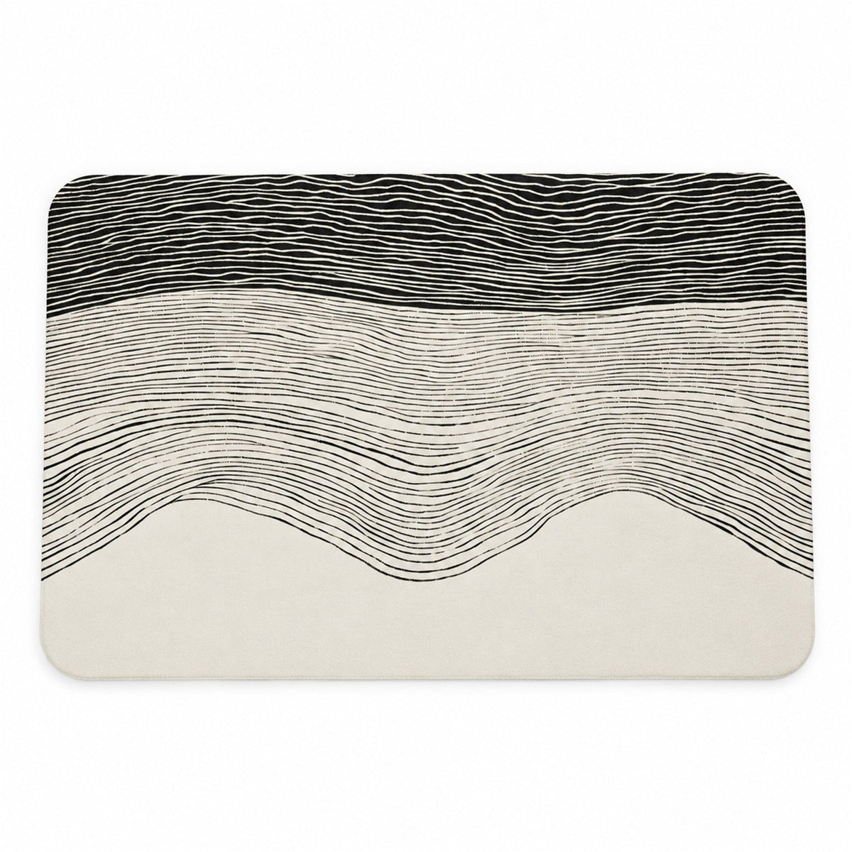 A rectangular mat with rounded corners displays a black and white abstract wavy line pattern.