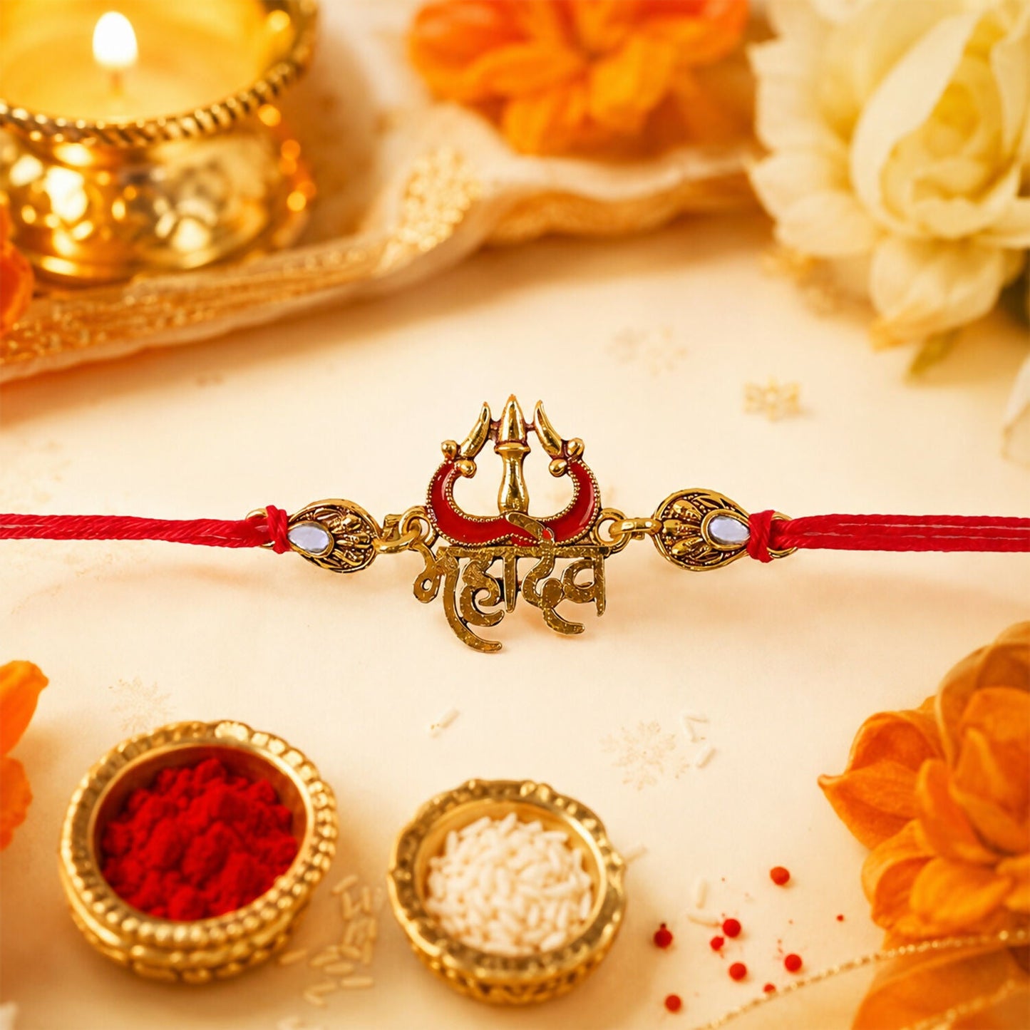 Elegant spiritual Rakhi featuring Mahadev Trishul design