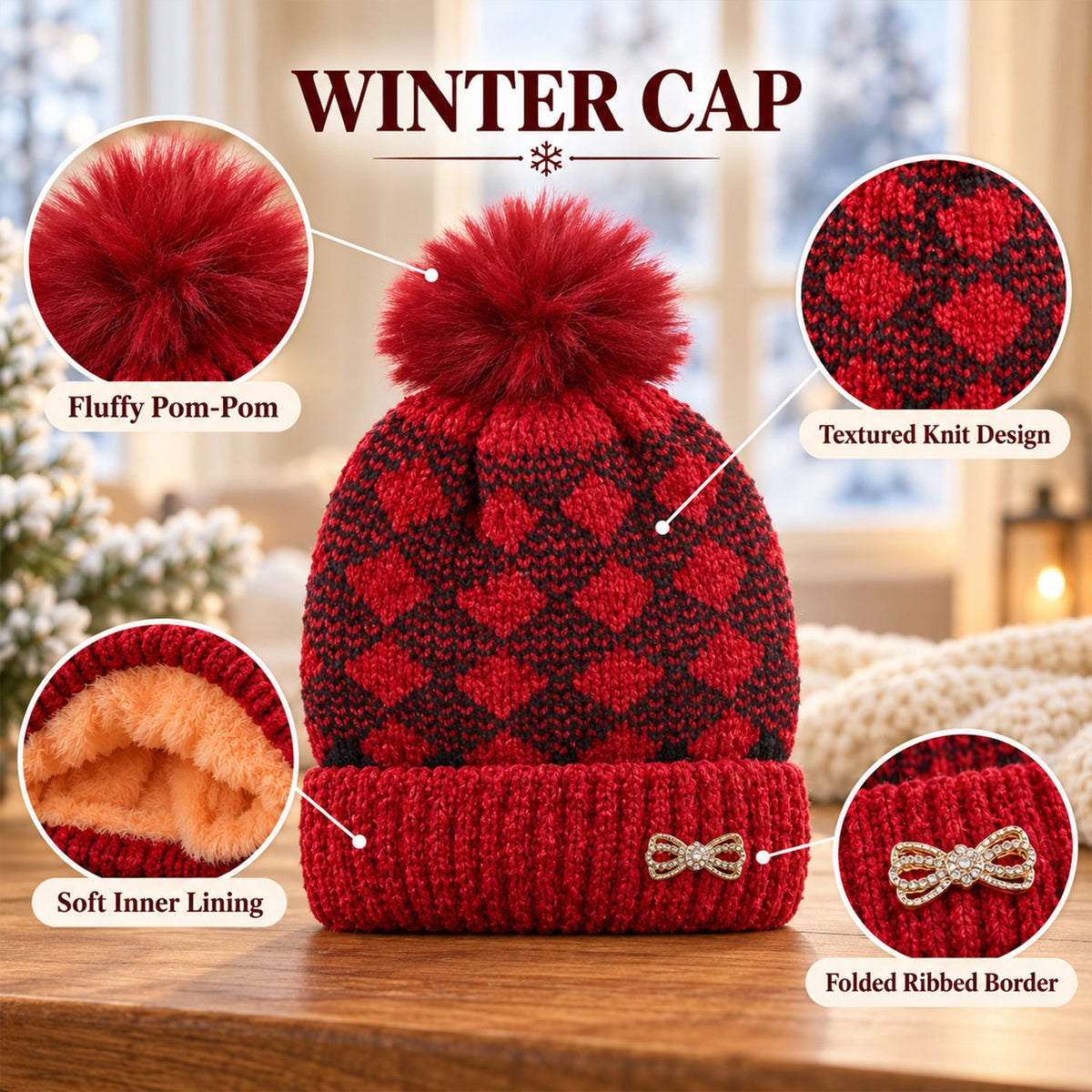 Soft Warm Knitted Winter Beanie Caps with Pom Pom and Inner Lining (1 Pc)