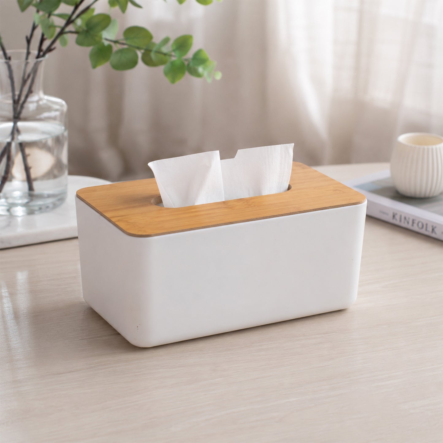 Tissue Box Desktop Stand Bamboo Tissue Cover Box Rectangular Paper Towel Holder Removable Tissue Dispenser for Bathroom Vanity Countertop Bedroom Car Holder Paper Towels Dispenser (1 Pc )
