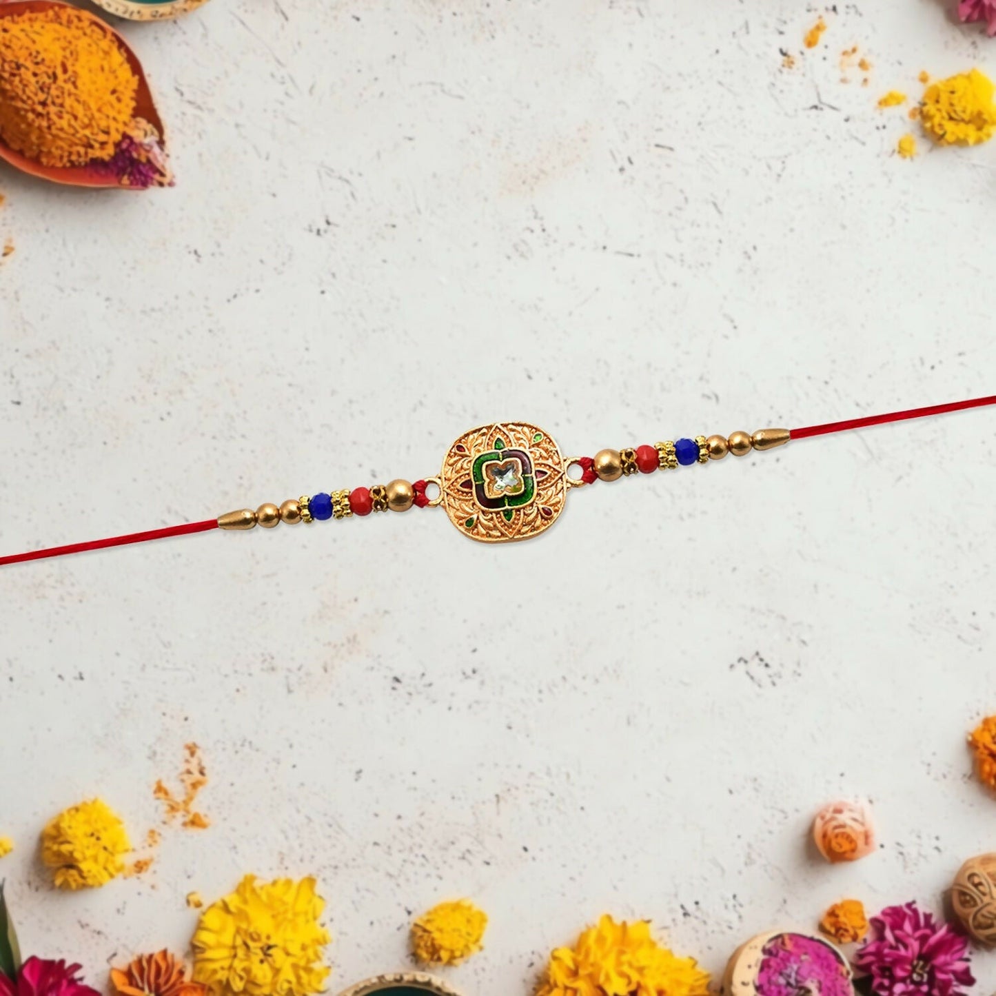Beautifully packaged Golden Rakhi, ready to be gifted to a beloved brother.