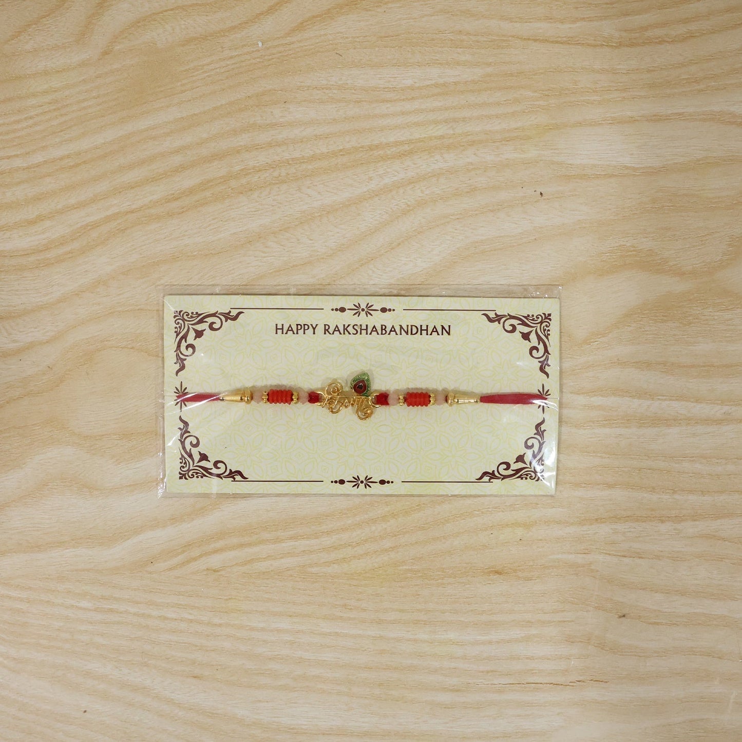 Full view of Krishna Naam Devnagari Peacock Feather Rakhi