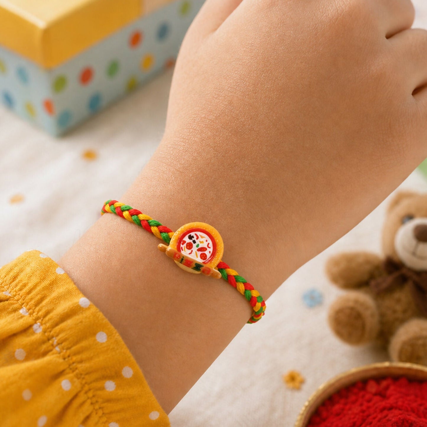 Side angle view of kids rakhi with pizza charm in multicolor
