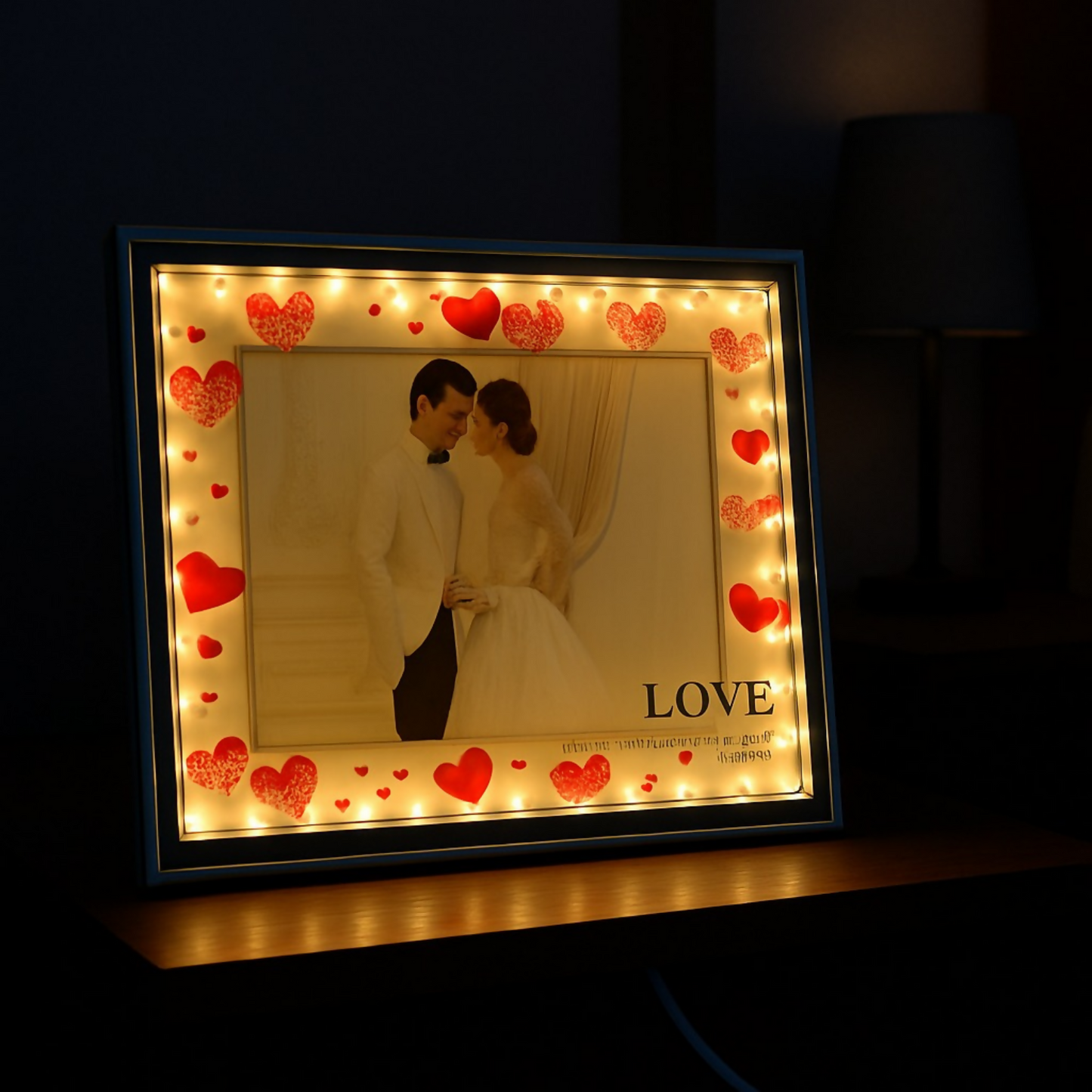 Romantic Heart-Themed LED Photo Frame for Couples | Warm Light Illuminated 5x7 Picture Frame with Red Heart Decorations | Anniversary, Wedding & Valentine Gift for Partner | Tabletop Decorative Night Lamp – USB Powered