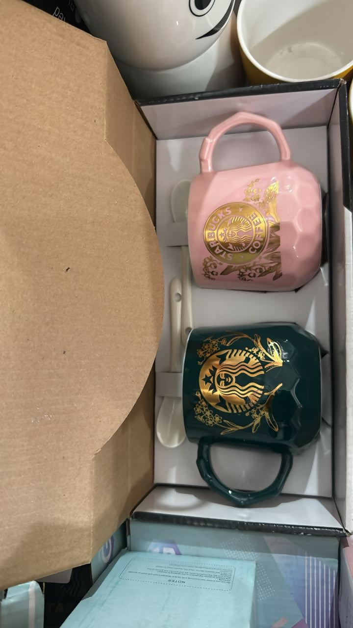 Ceramic Coffee Mug Set of 2 with Spoons, Designer Tea Cups
