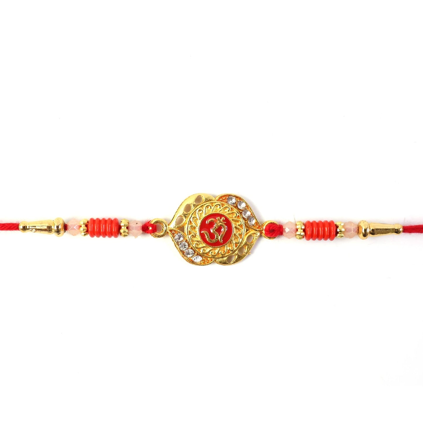 OM rakhi tied with decorative beads in detail.