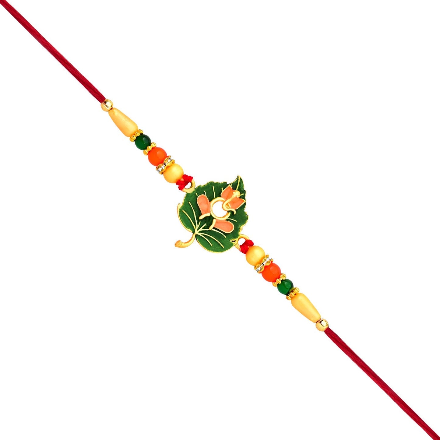 Festive Green Tulsi Rakhi with orange flower and beads