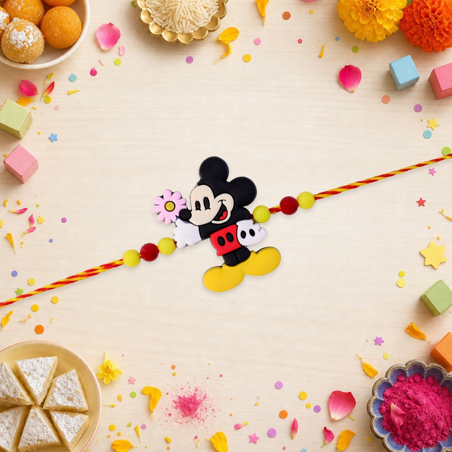 Side view of the vibrant Kids Rakhi, showcasing the playful mouse charm.