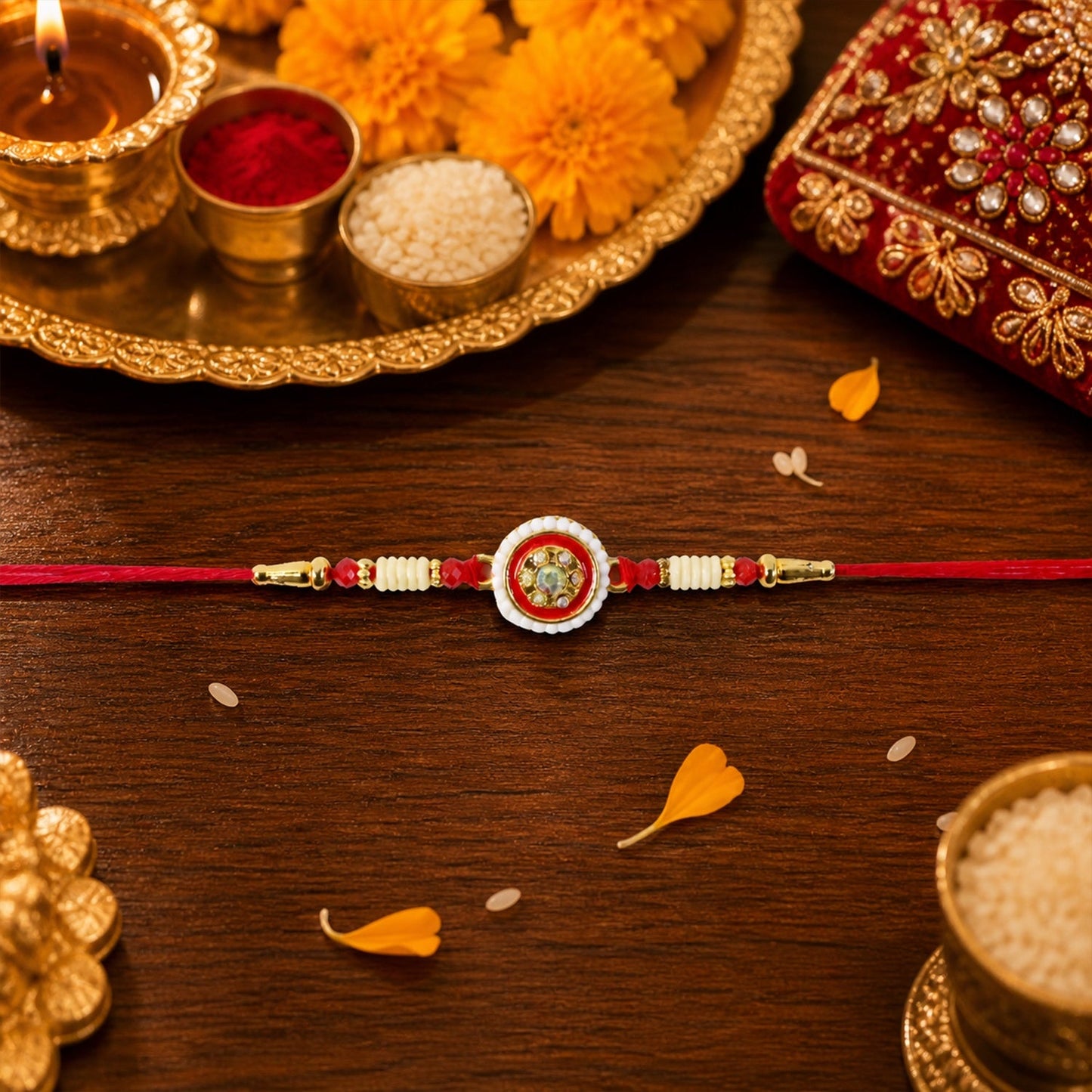 Soft thread Rakhi with stylish Kundan and pearl detailing for Raksha Bandhan