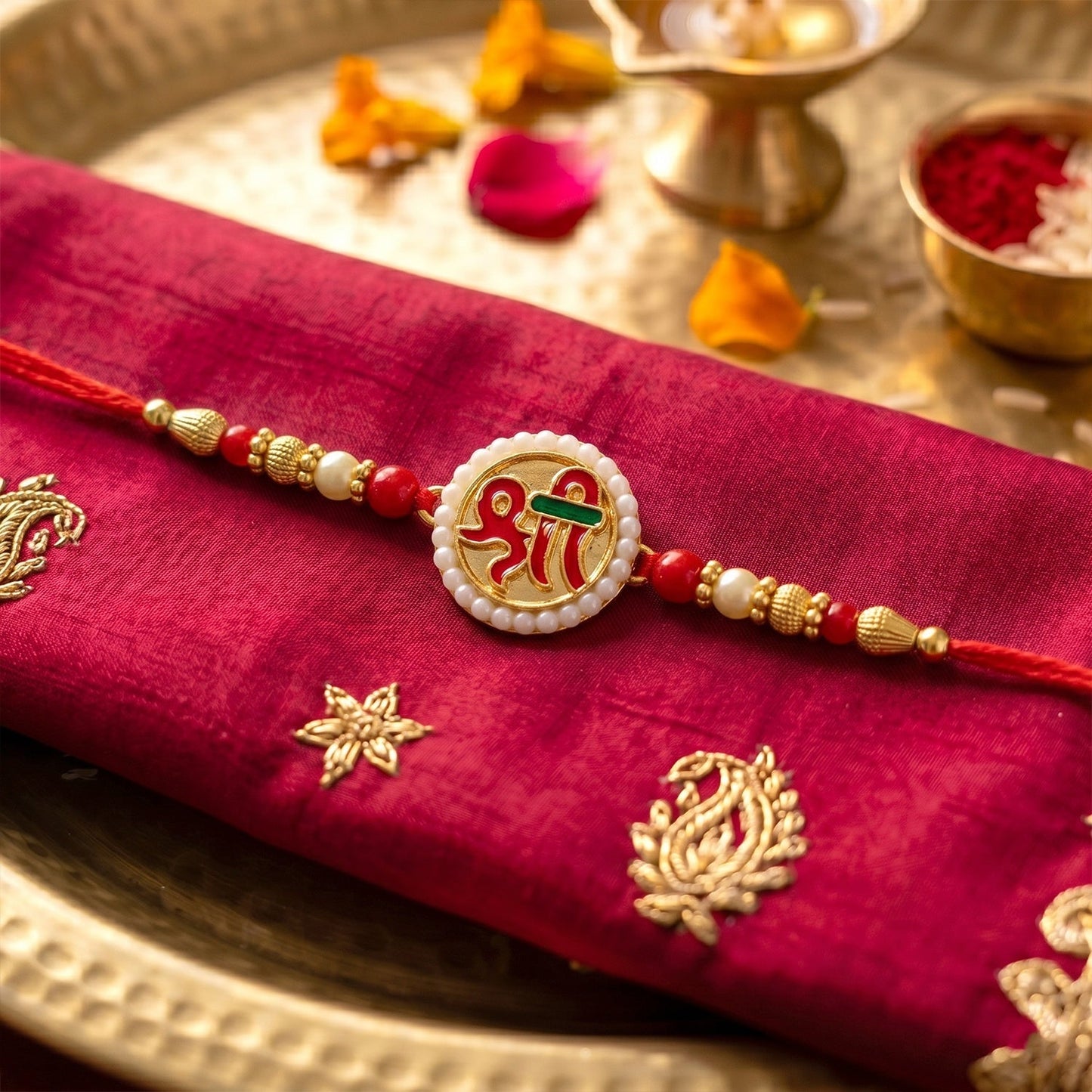 Rakhi showcasing detailed Shri Symbol Devnagari design