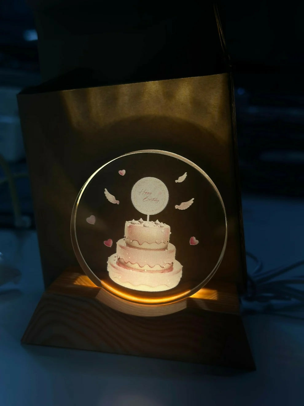 Happy Birthday LED Lamp Wooden Base Decorative Night Light
