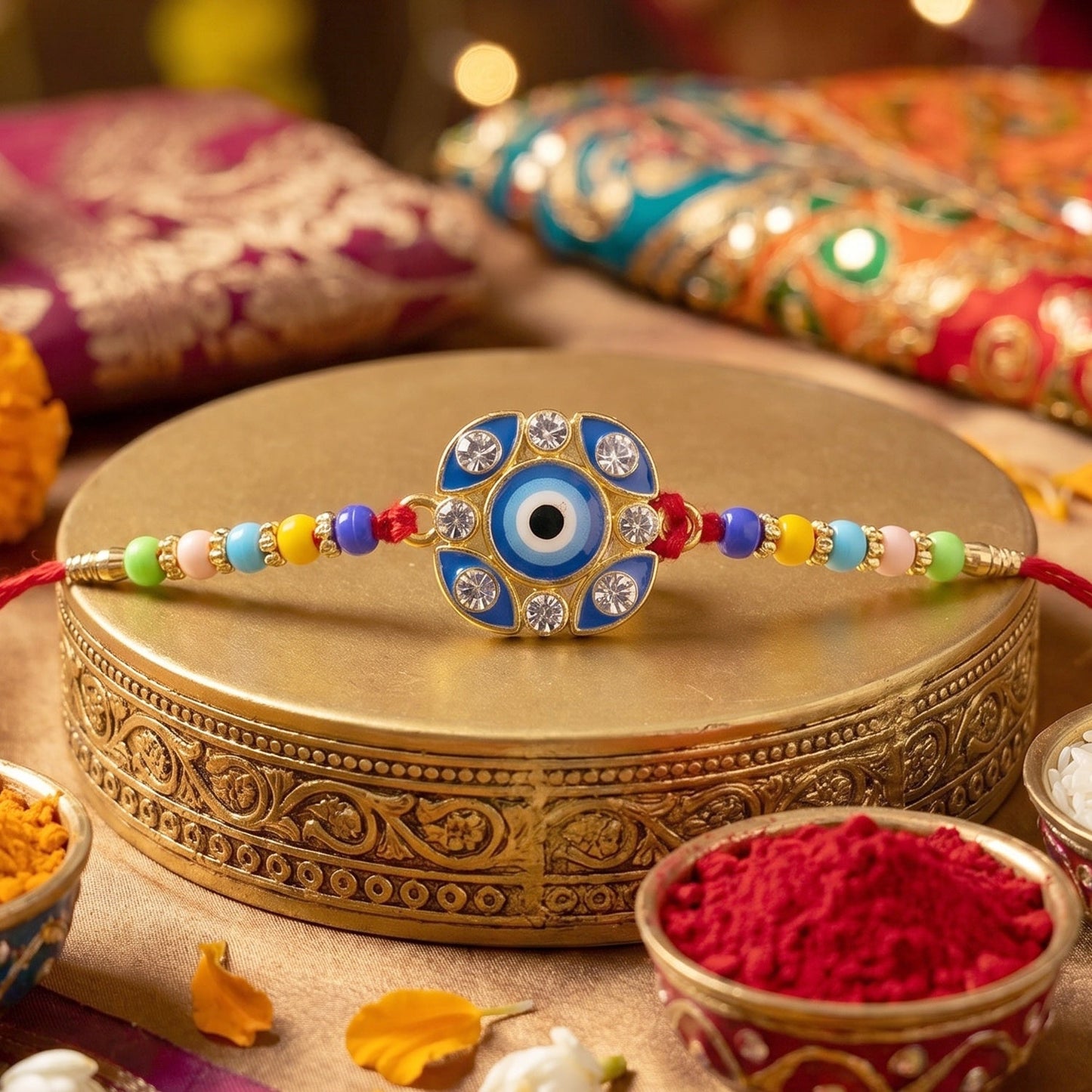 Side view of beautifully crafted Evil Eye Rakhi with floral design