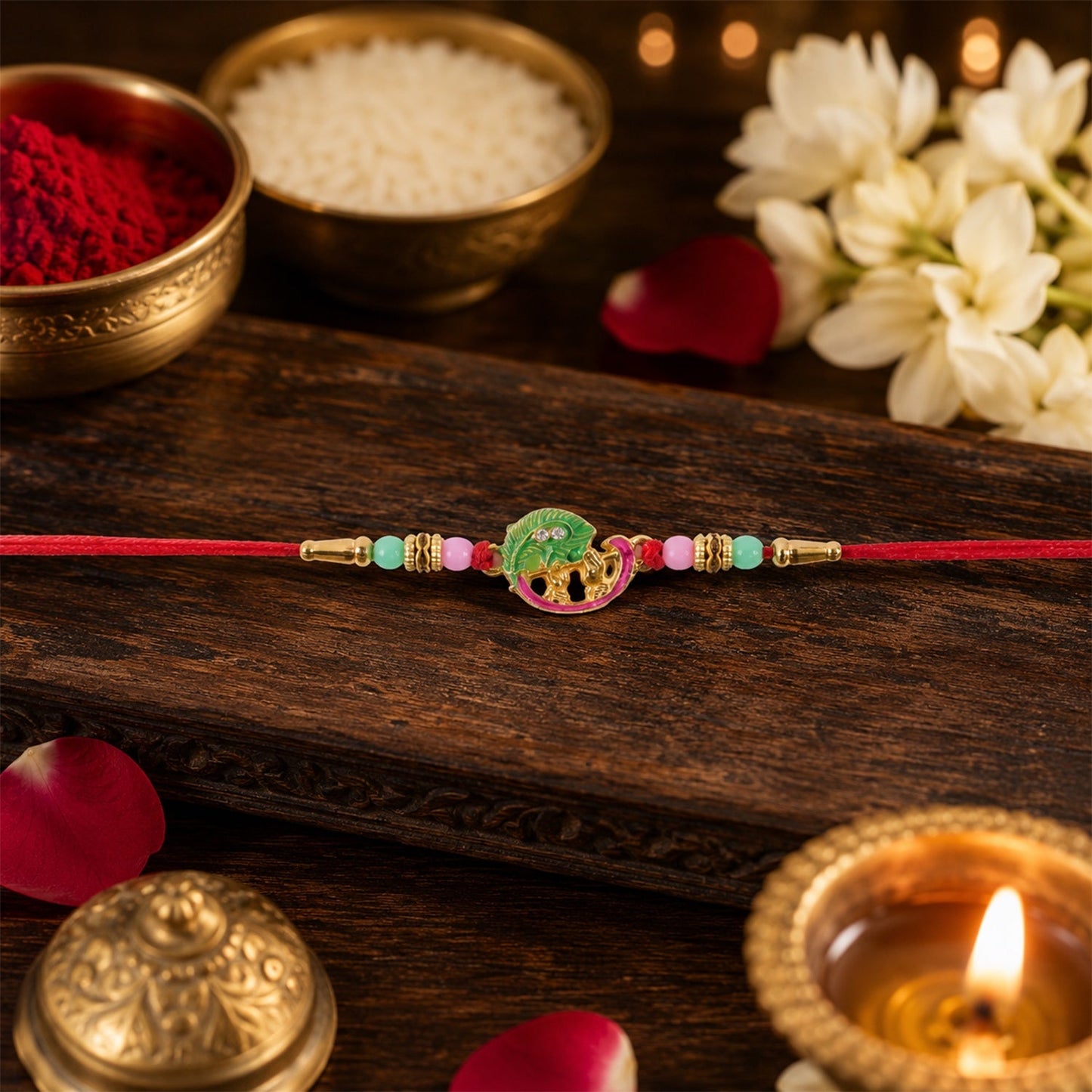 Decorative beads and intricate design on Mini Krishna Peacock Leaf Rakhi