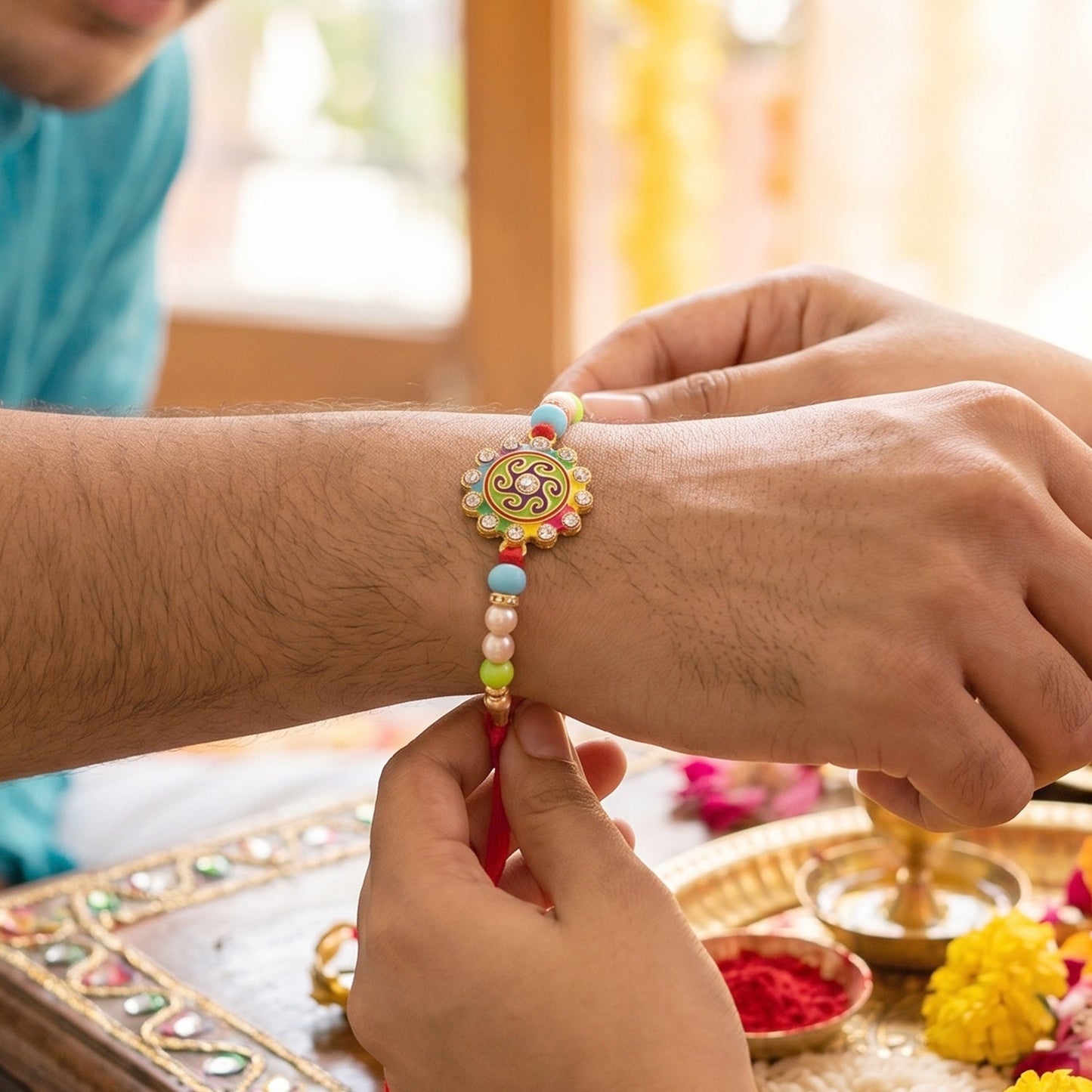 Traditional Raksha Bandhan Rakhi featuring floral centerpiece design