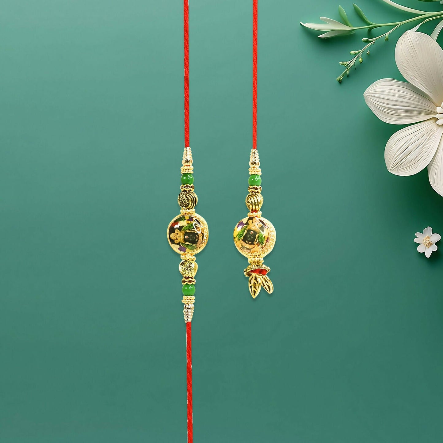 Close-up of Bhaiya Bhabhi Rakhi couple set with unique decorative elements symbolizing sibling bond