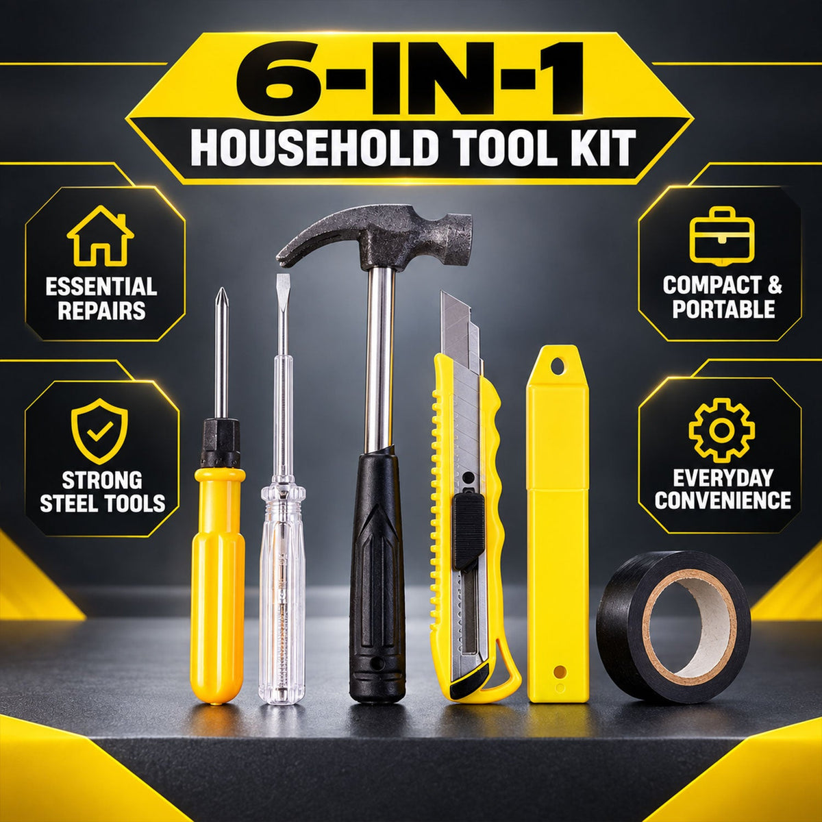 6 in 1 Home Repair Hand Tool Kit with Hammer, Screwdriver & Cutter (1 Set)