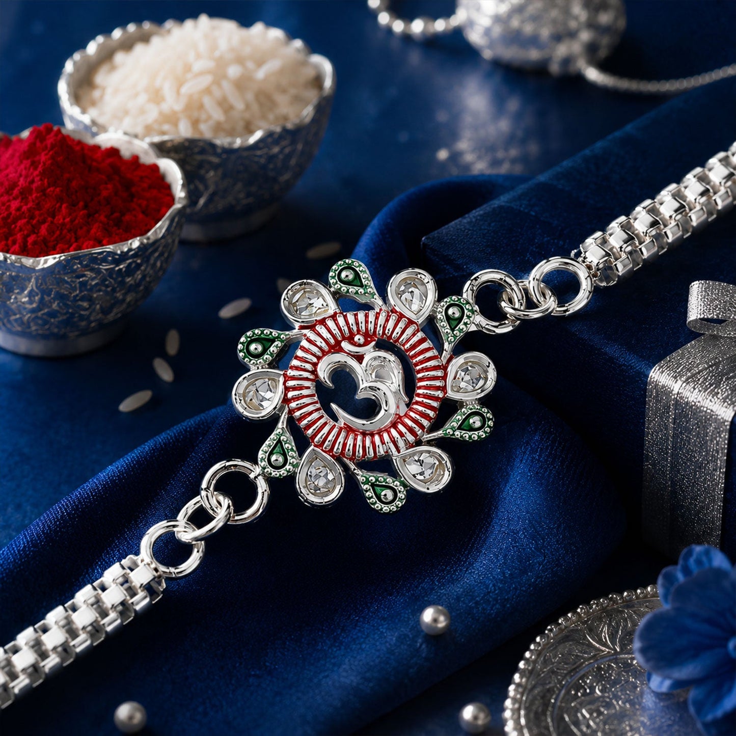 Elegant Floral Om Rakhi with pink and green accents on a dark background, ready for Raksha Bandhan.