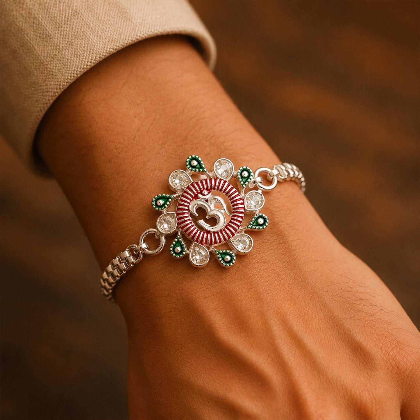 Close-up of a handcrafted Floral Om Rakhi, showing intricate floral and Om symbol details.
