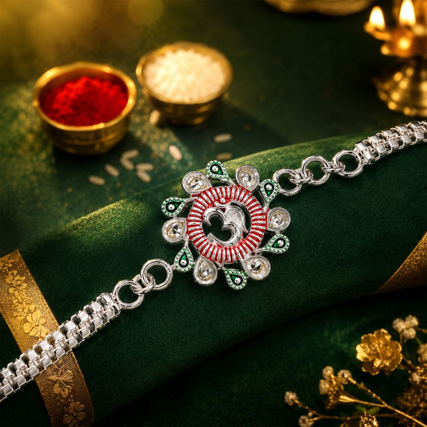 Side view of the handcrafted Floral Om Rakhi, showcasing its comfortable thread design.
