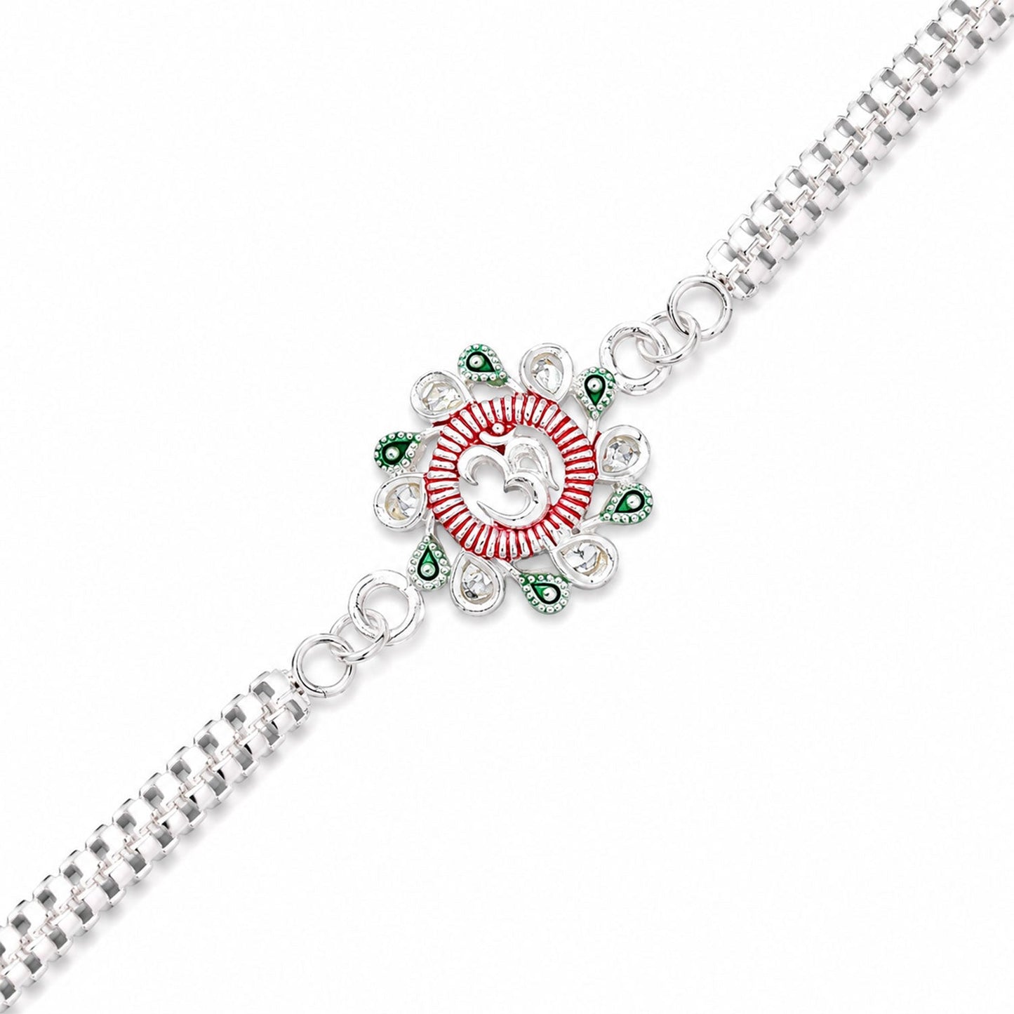 Top-down view of the Floral Om Rakhi with its vibrant pink-green threads and Om motif.