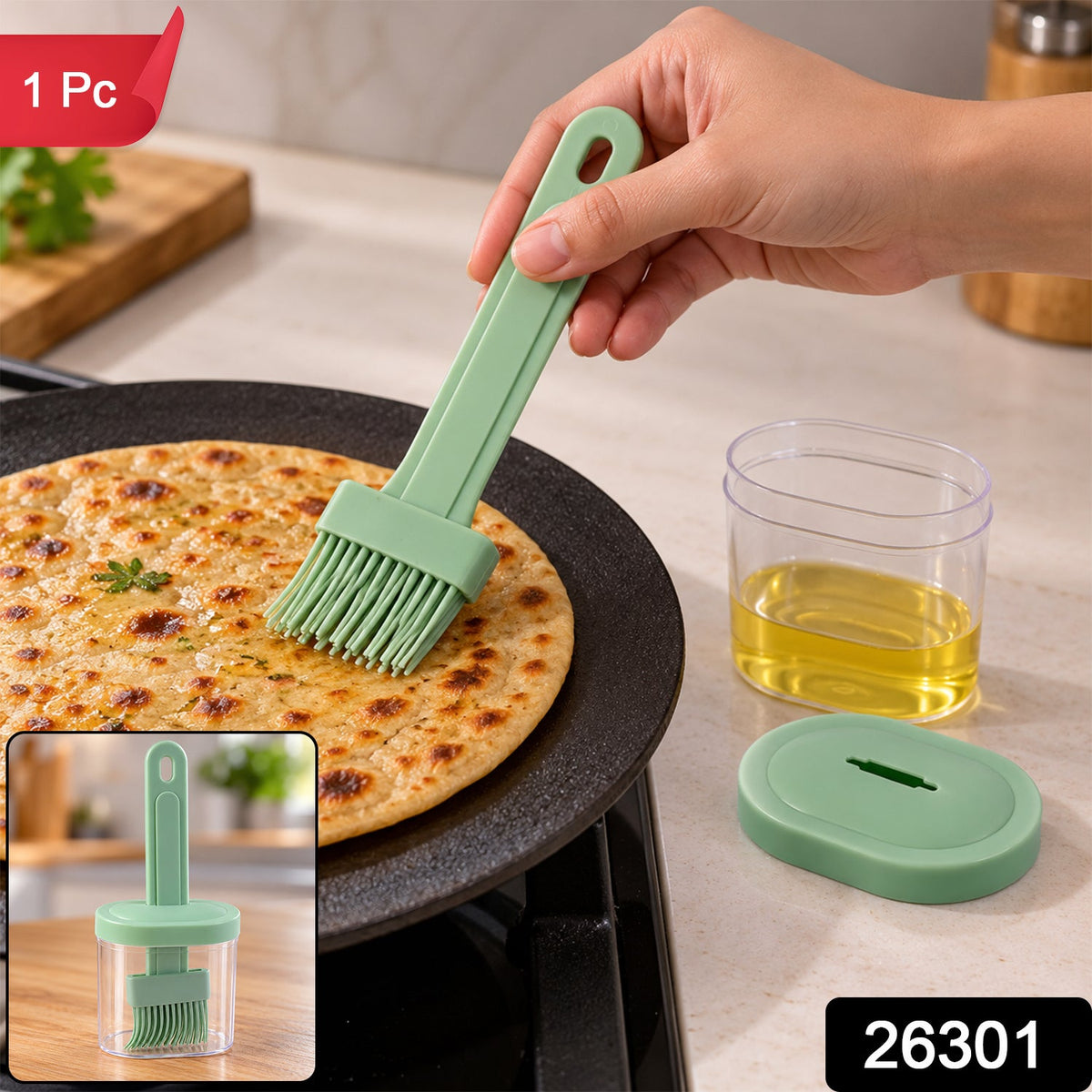 A green silicone brush applying oil to a round flatbread on a griddle, with a clear oil container and green lid. An inset