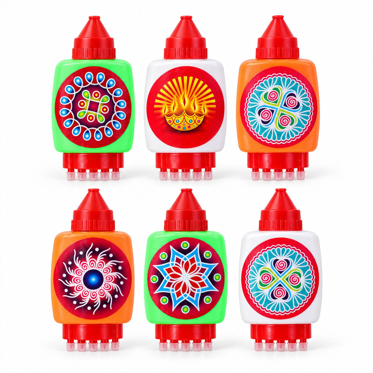Plastic Rangoli Colour Filling Bottles with Nozzle and Dot Stamp (6 Pc)