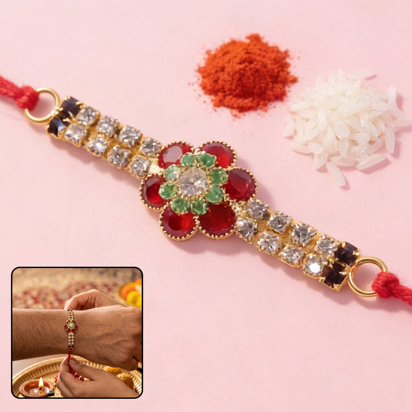 Red floral kundan rakhi with crystal line and pearl ends highlighting traditional style