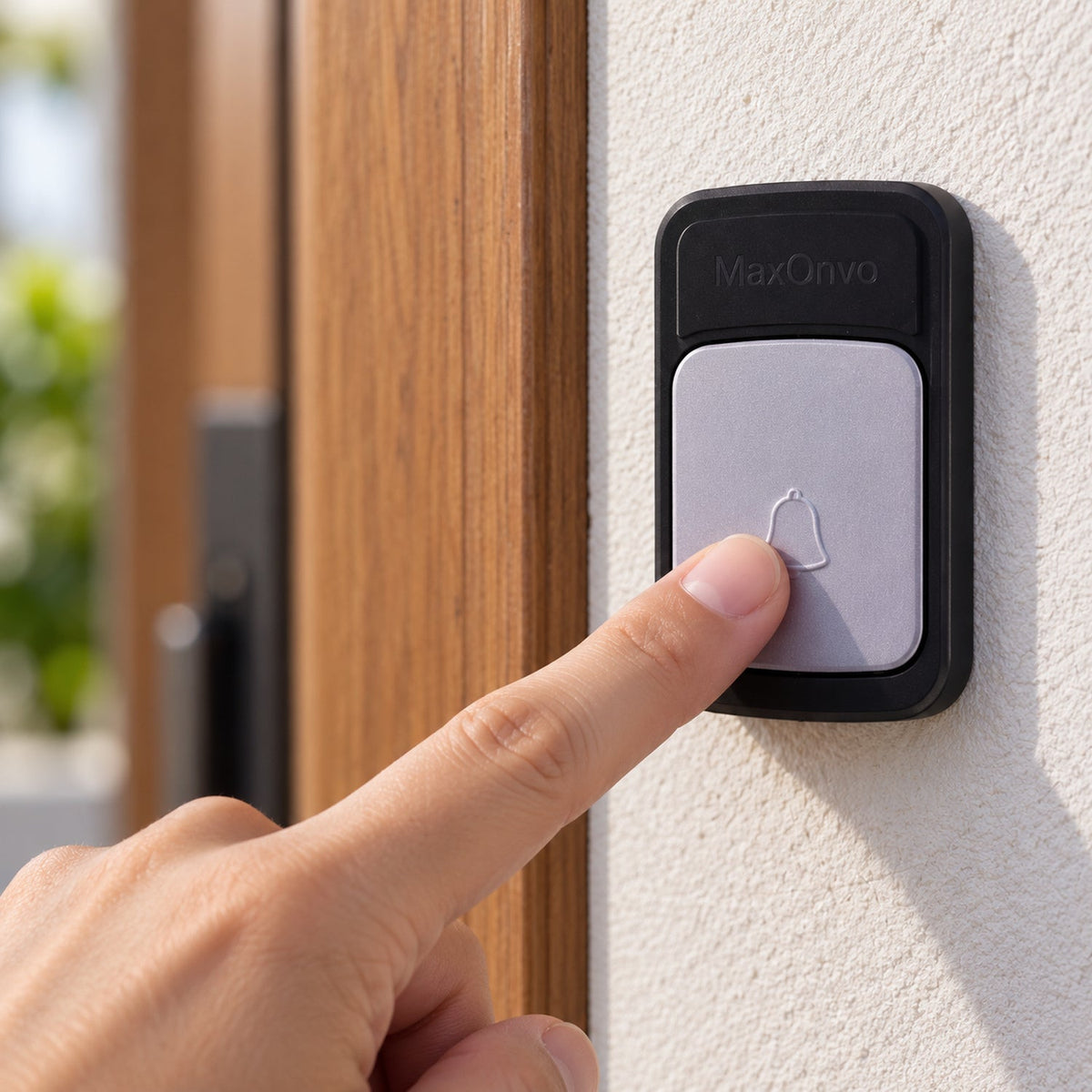 A person's finger presses the grey square button of a black doorbell unit mounted on a textured white wall next to – view 2