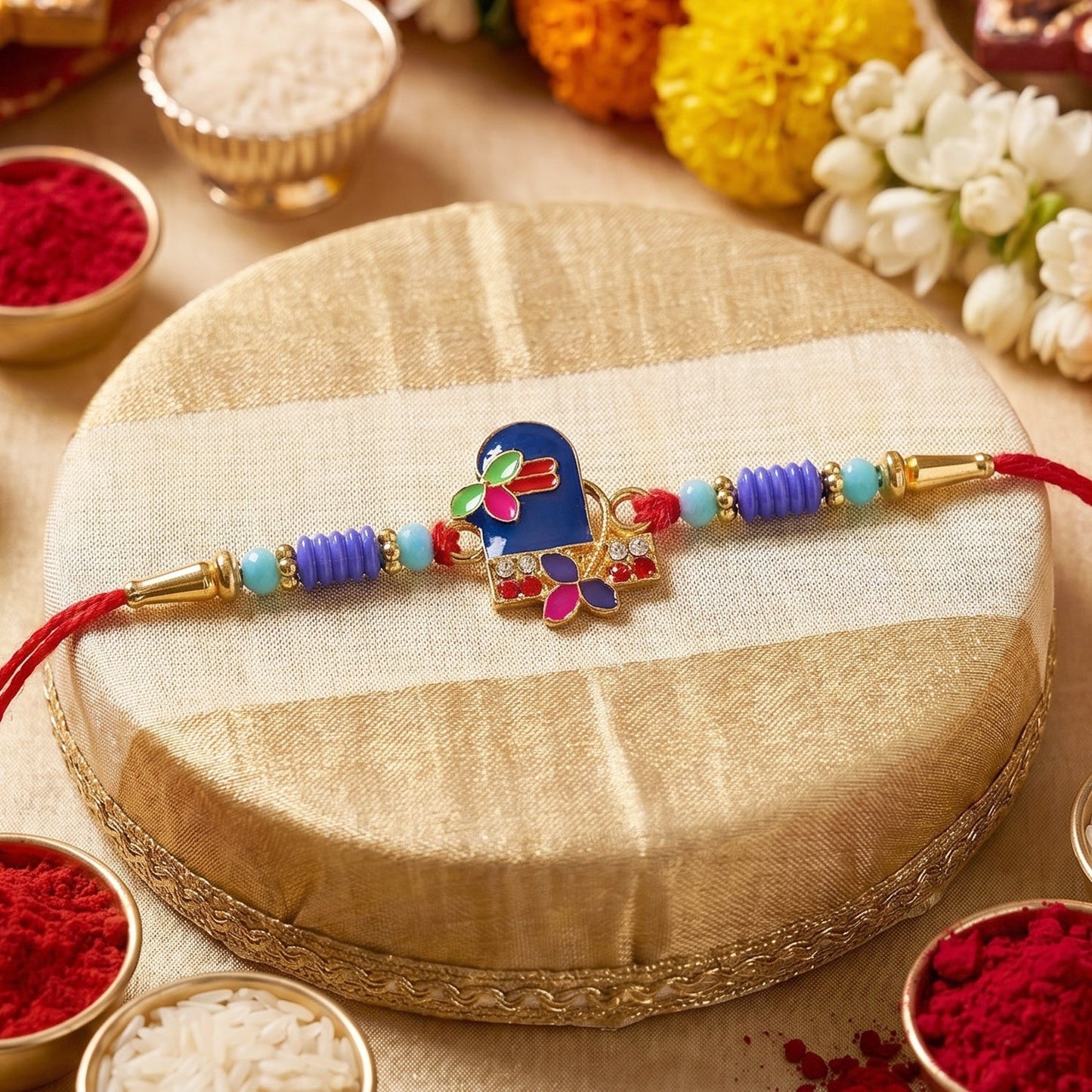 Decorative beads on Royal Blue Shiv Rakhi