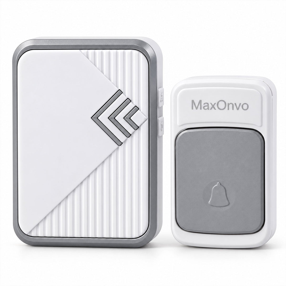A white and gray wireless doorbell receiver with a textured front panel and a matching push button with a bell icon,