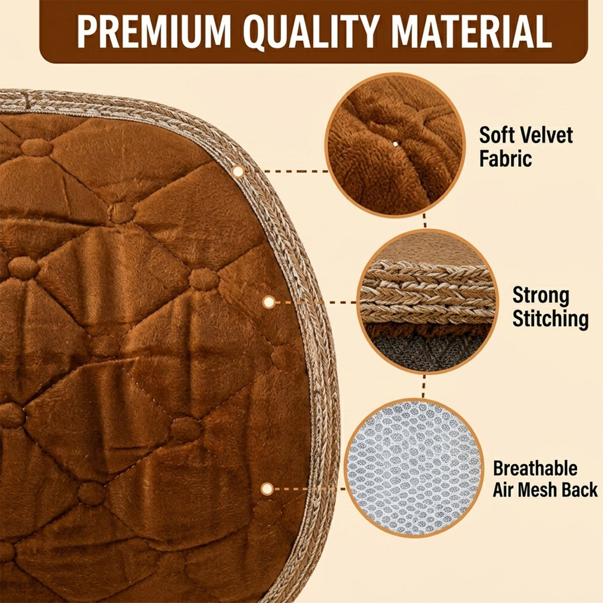 Close-up of the brown quilted velvet cushion highlighting its soft fabric, strong stitching, and breathable mesh back.