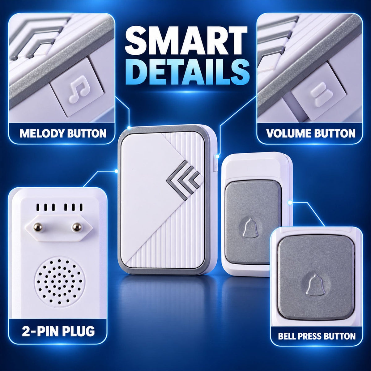 A white and gray wireless doorbell set with a receiver, push button, and a separate plug-in unit. Labels point to melody,