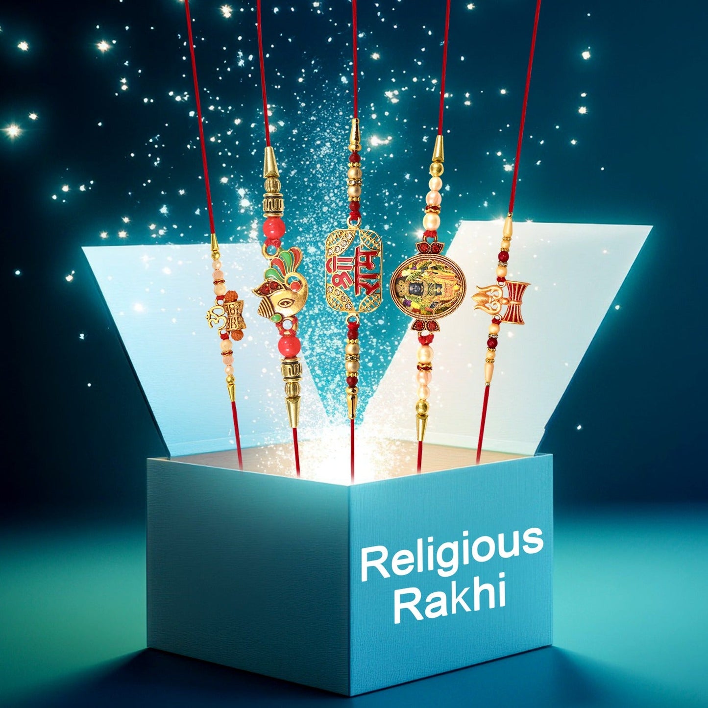 Traditional rakhi with red thread and religious decorative centerpiece symbolizing blessings
