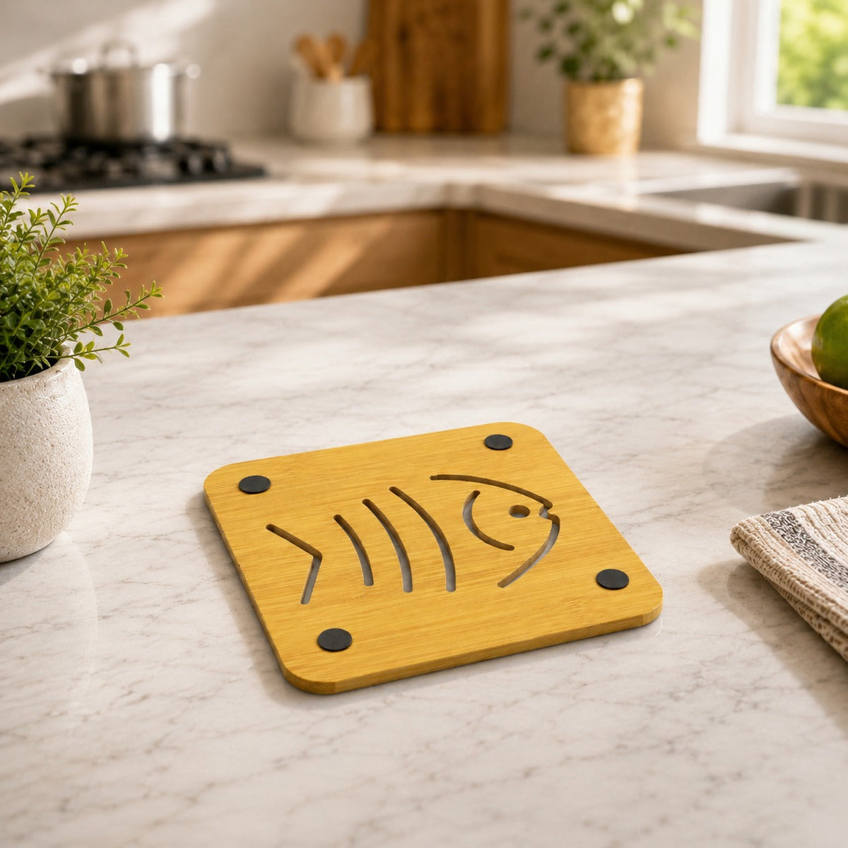 Square Wooden Fish Coaster & Heat Trivet for Table Protection