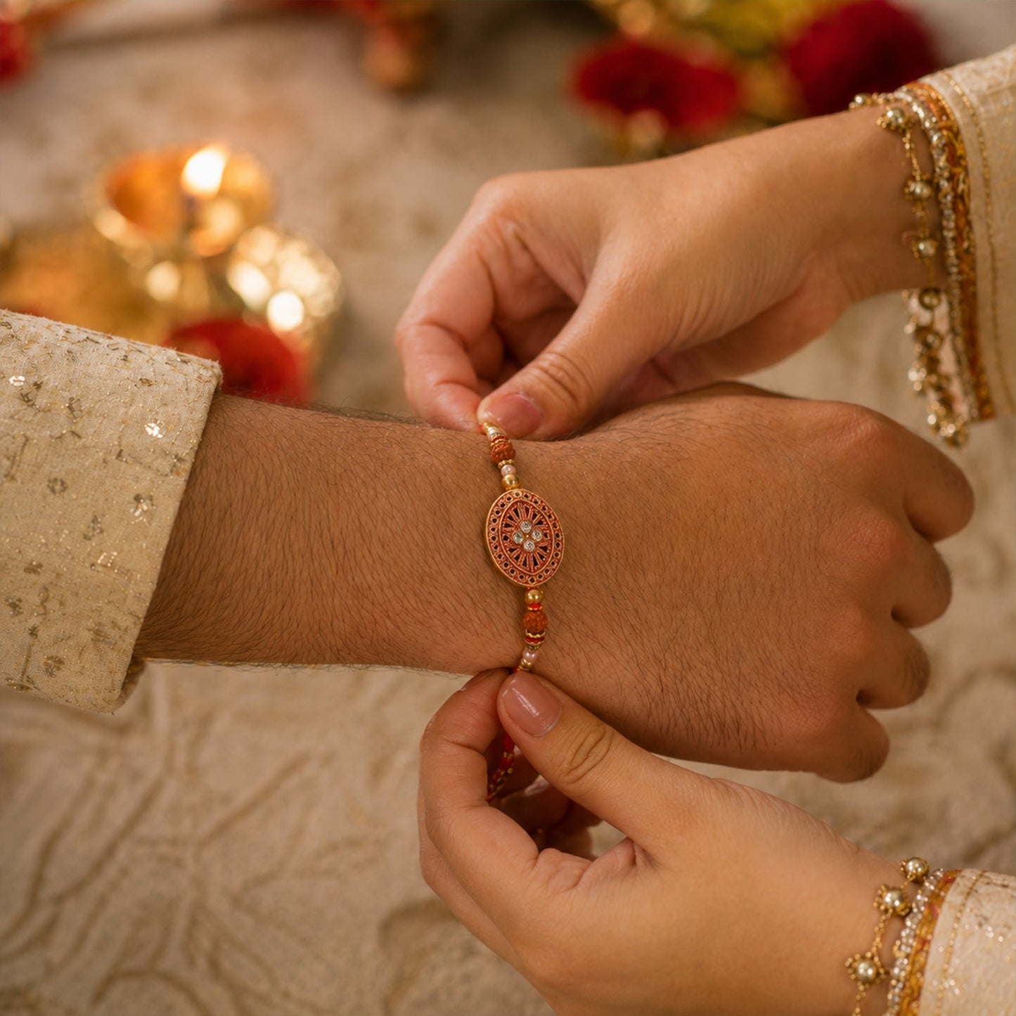 Side view of stylish red chakra Rakhi showing pearl side work