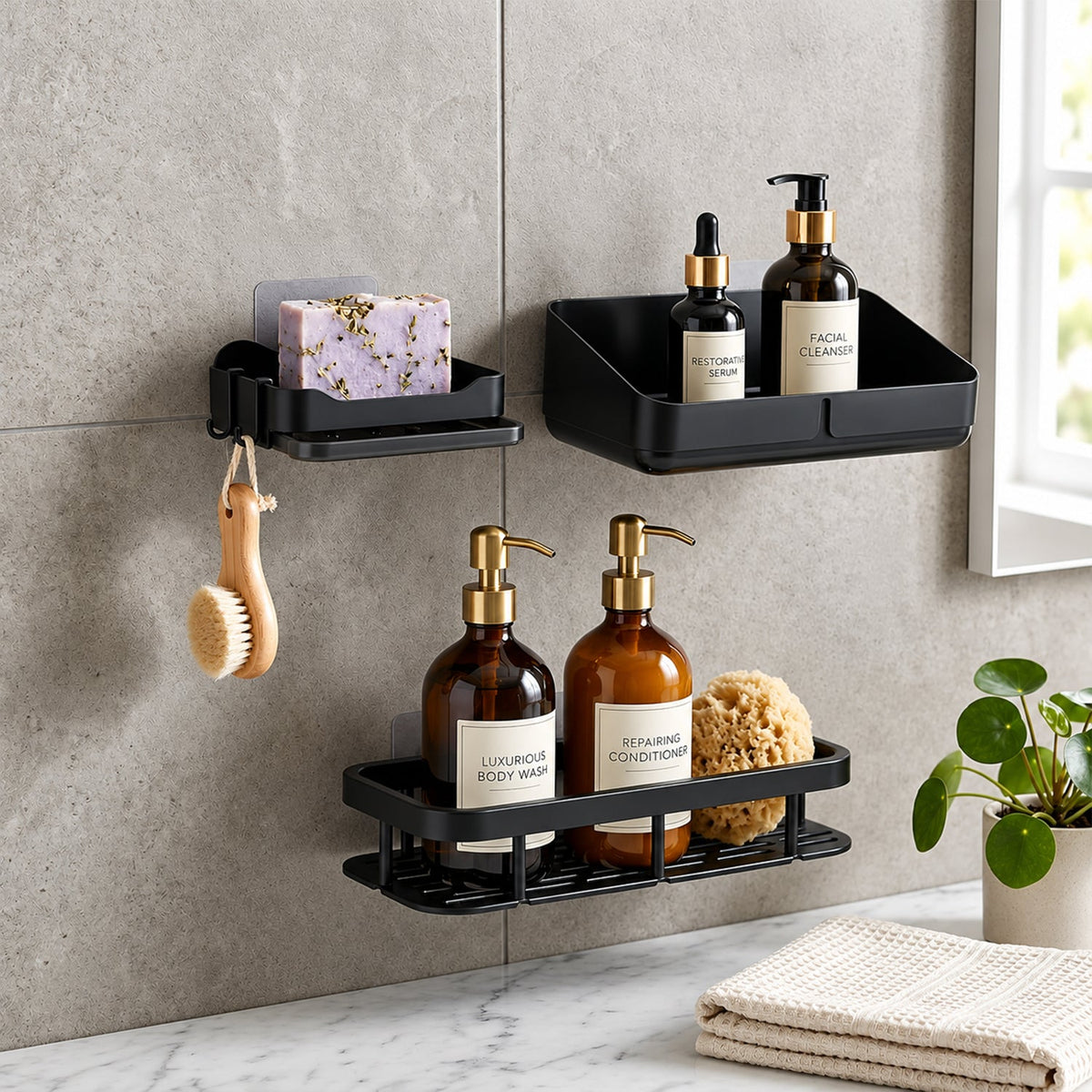 A black corner caddy, rectangular shelf, and soap dish are mounted on a gray tiled wall, holding bath items near a window.